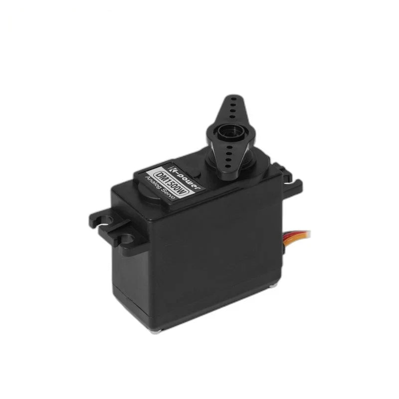 Black Kpower servo with a two-arm horn attached, mounting tabs, and colored wires, shown in an angled upright view.