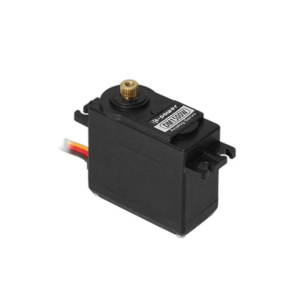 Black DM1500W servo with exposed gold-colored splined shaft, top label, side mounting tabs, and colored wire lead.