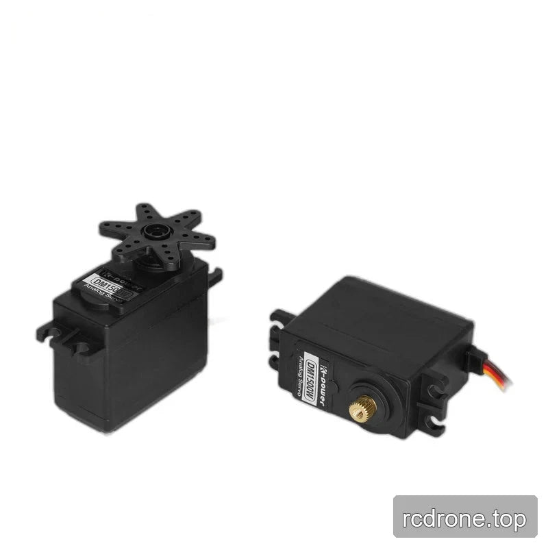 Two black servos, one upright with a six-arm horn and the other lying down with its gold-colored output shaft exposed.