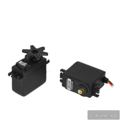 Two black servos, one upright with a six-arm horn and the other lying down with its gold-colored output shaft exposed.