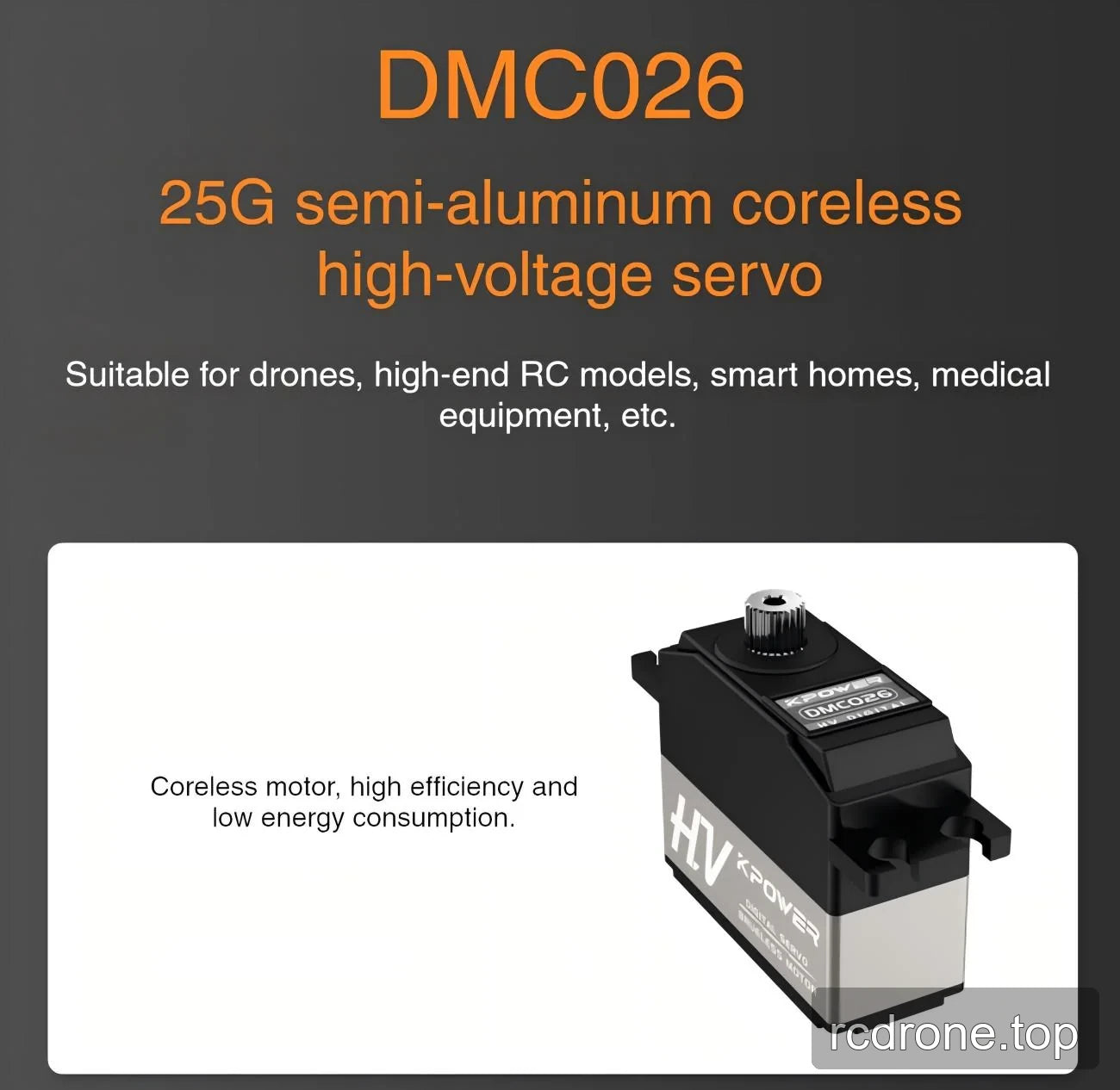 DMC026 semi-aluminum coreless servo with 25G designation and application icons