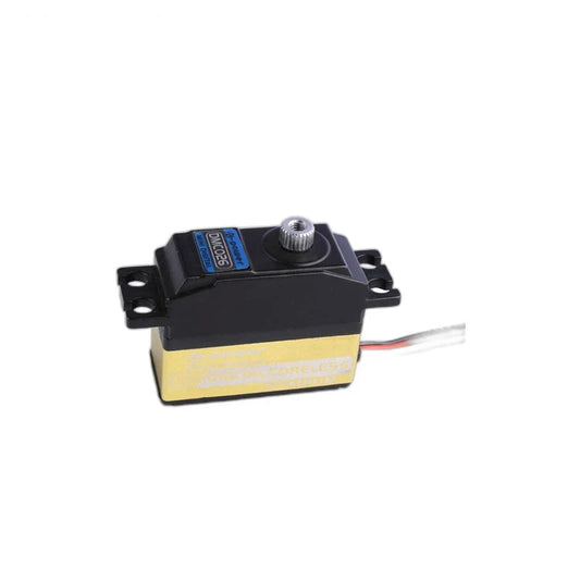Black and gold Kpower DMC026 servo in a horizontal view, showing the silver output shaft, mounting tabs and side label.