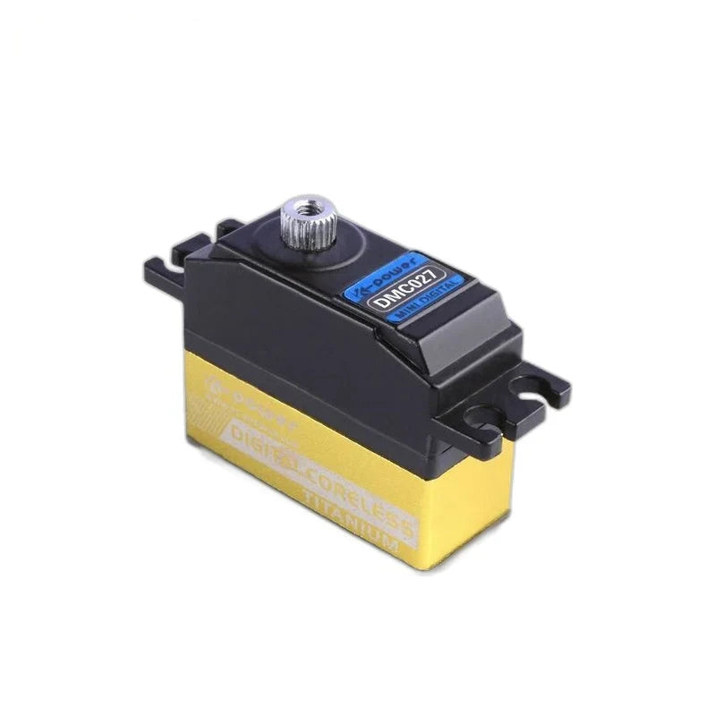 Black and gold DMC027 servo in three-quarter view, showing its silver splined output shaft and slotted mounting tabs.