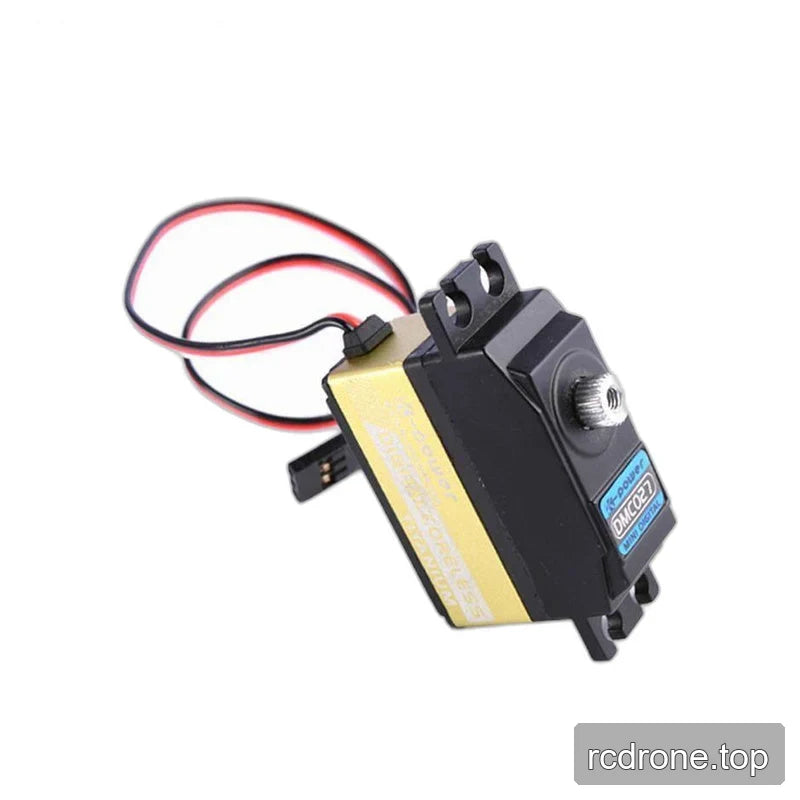 Angled black and gold servo with a looped lead and black connector, showing the output shaft and mounting tabs.