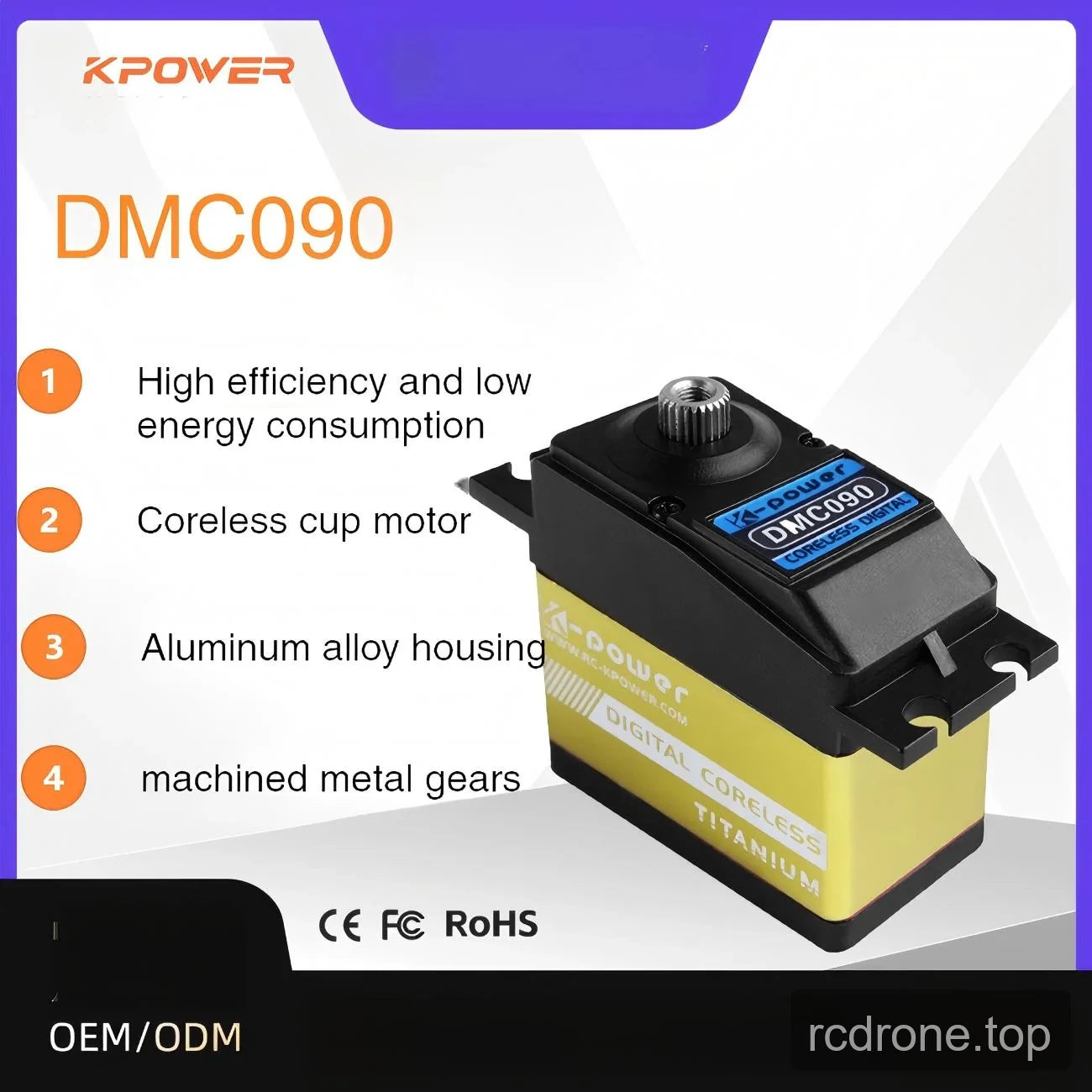 Kpower DMC090 coreless digital servo with aluminum housing and machined gear feature labels