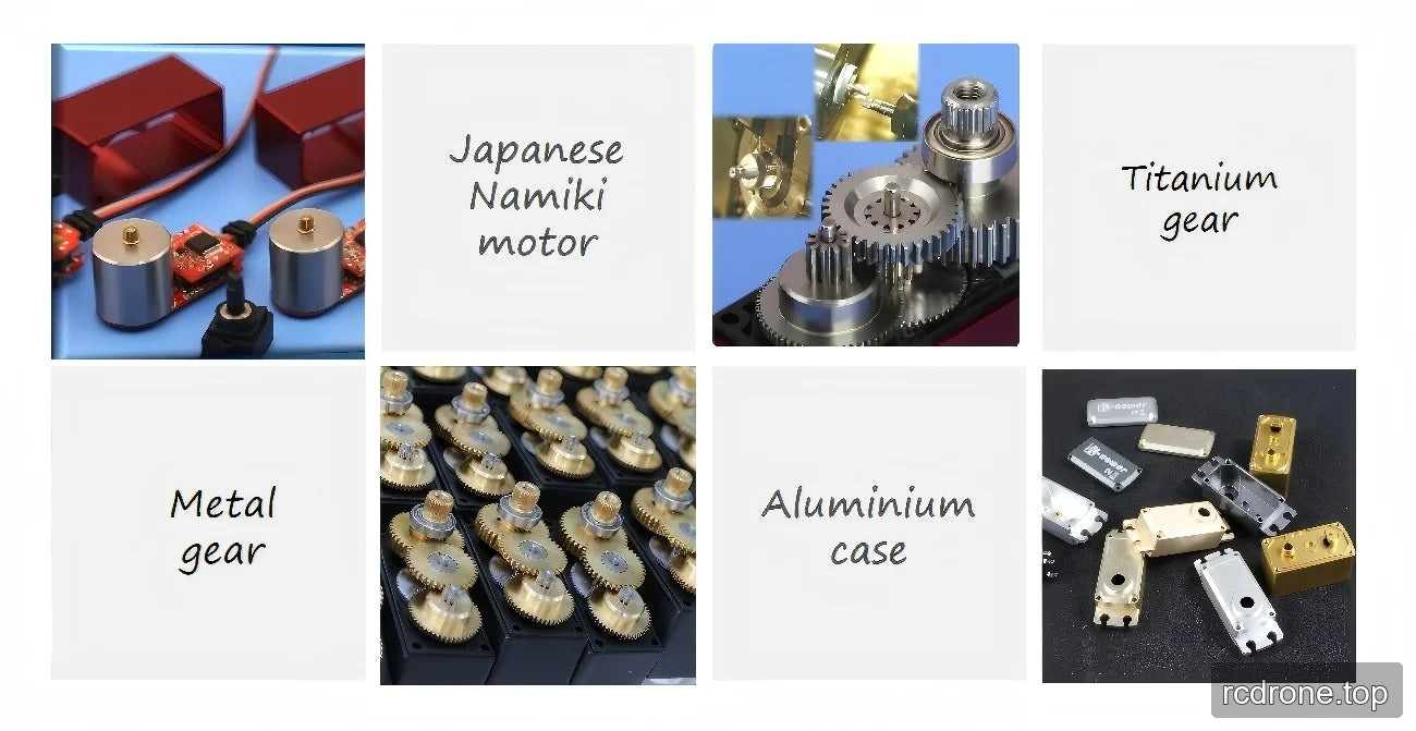 Servo component collage with Namiki motor, titanium gear and aluminum case labels