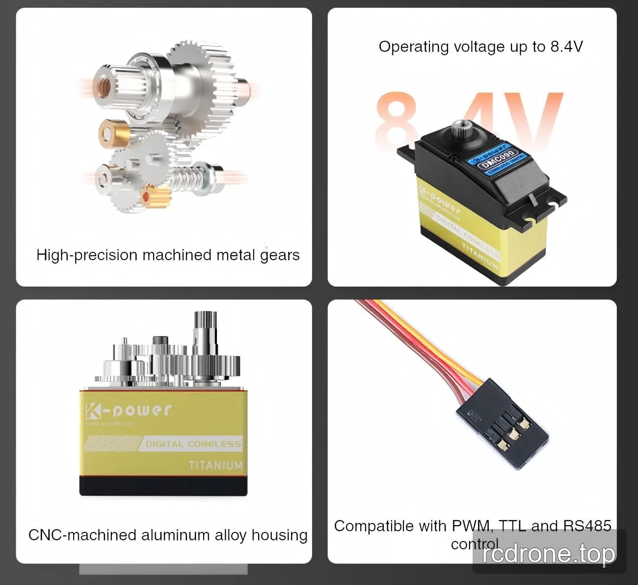DMC090 feature panel with metal gears, voltage labeling and control interfaces