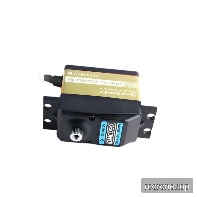 Sideways servo with forward-facing splined shaft and threaded opening, blue DMC090 label, and mounting tabs on both sides.