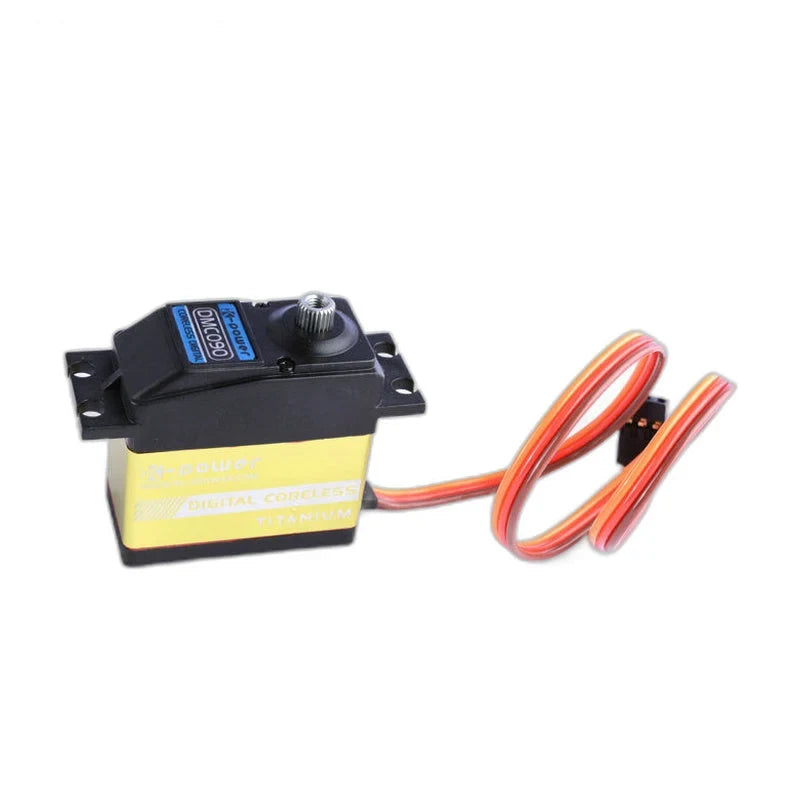Black and gold servo with exposed splined shaft, mounting tabs, and looped three-wire cable with connector.