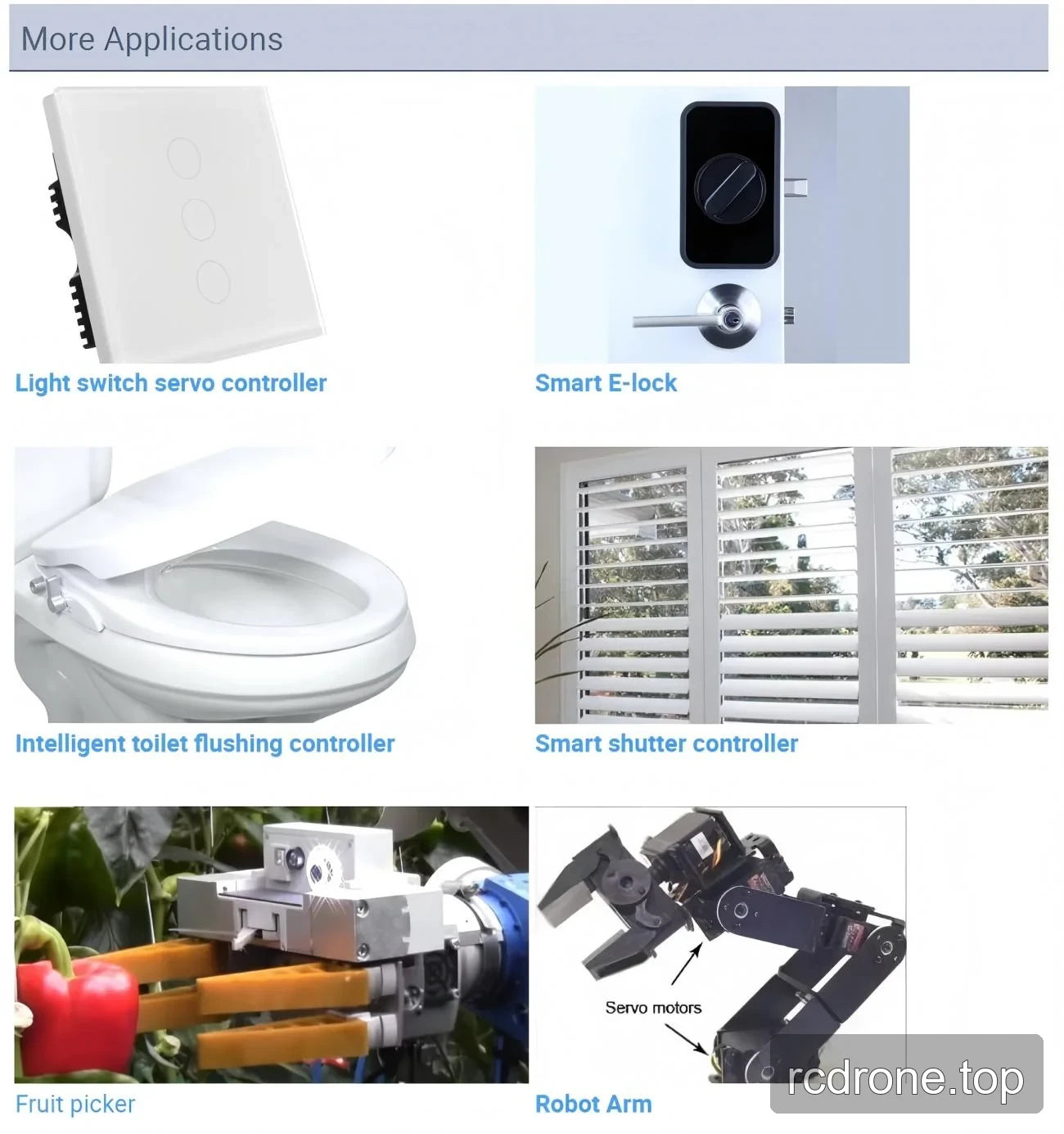 Illustrative servo uses in switches, locks, shutters, fruit pickers and robot arms