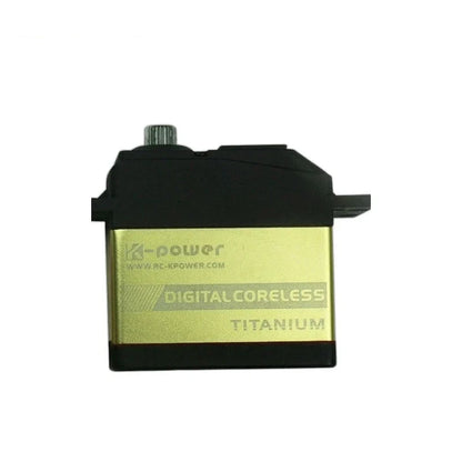 Gold-colored servo with black top and base, splined shaft, and DIGITAL CORELESS and TITANIUM side markings.