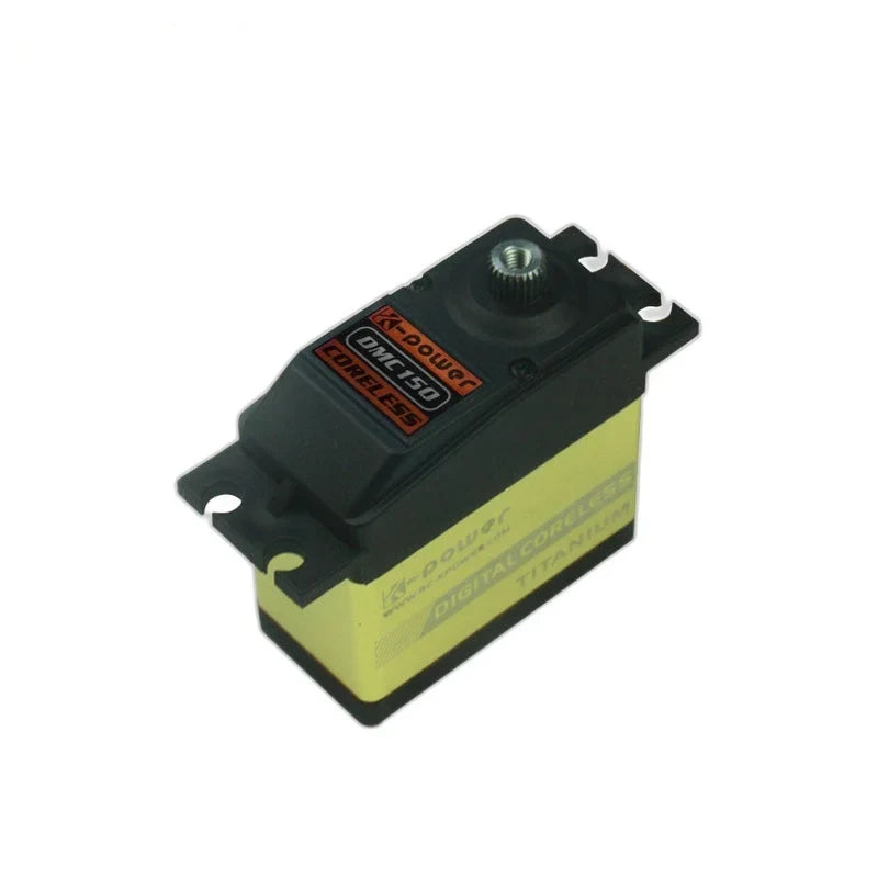 Angled servo view showing an orange DMC150 CORELESS label, splined output shaft, slotted mounting tabs, and gold-colored housing.