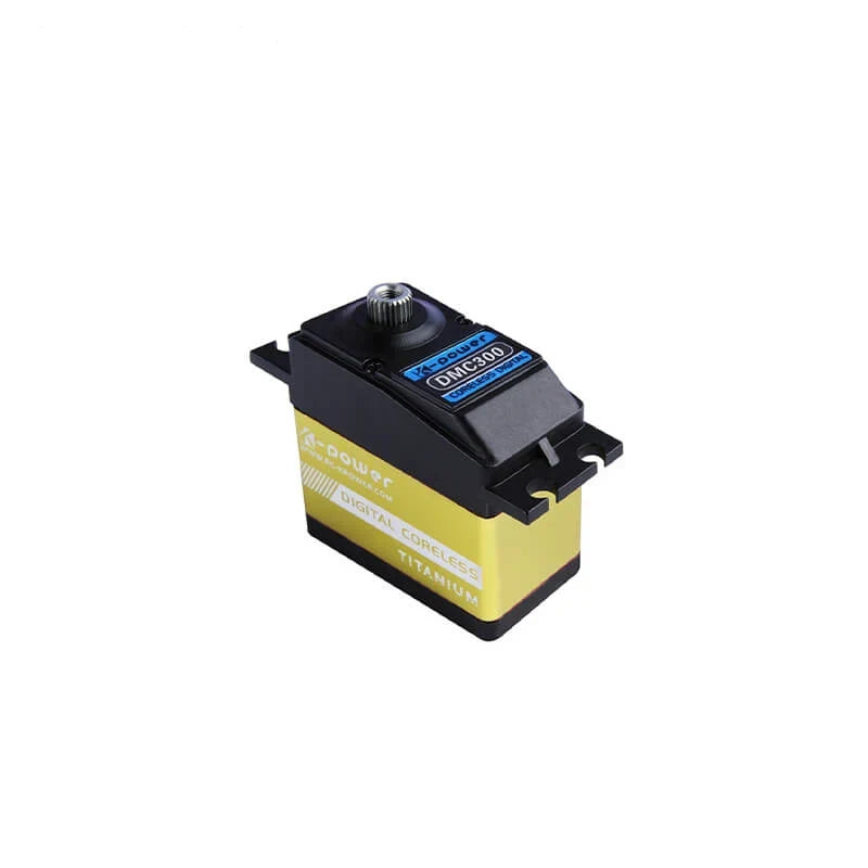 Kpower DMC300 servo with black and yellow housing, metal splined output shaft, mounting tabs, and visible model label.