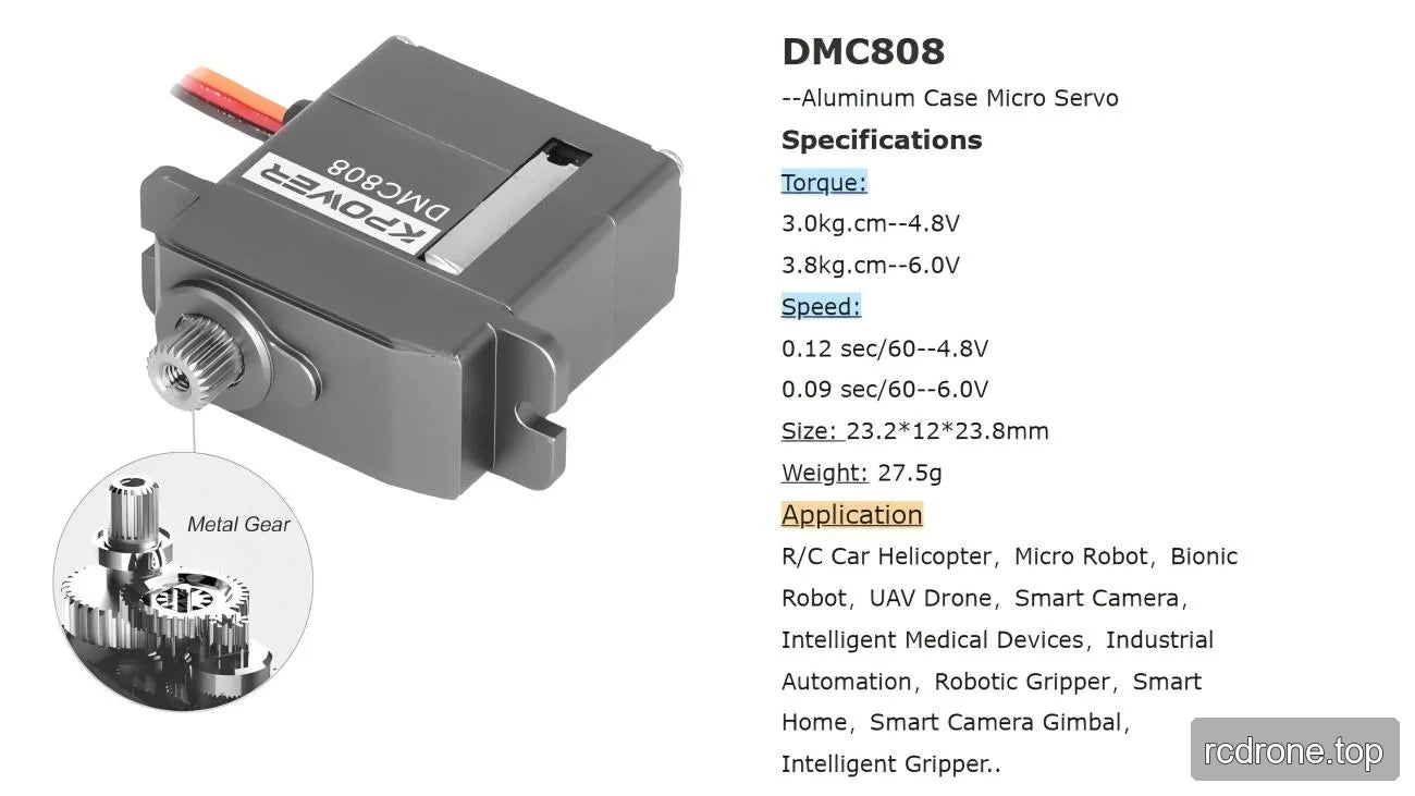 DMC808 micro servo specification panel with voltage-specific torque and speed values