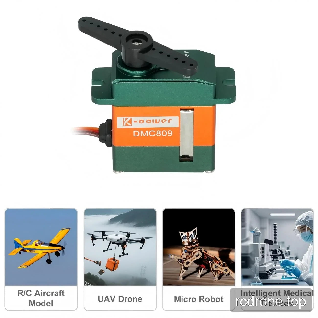 Kpower DMC809 servo with two-arm horn and RC aircraft, UAV, micro-robot and medical-device application panels
