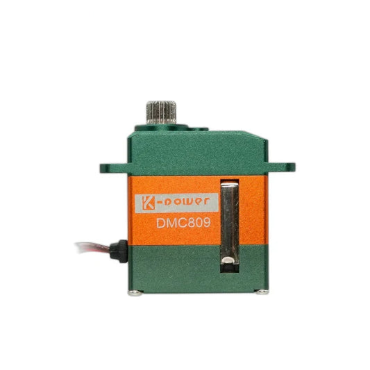 Green and orange DMC809 servo shown upright from the side, with splined shaft, mounting tabs, and wire lead.