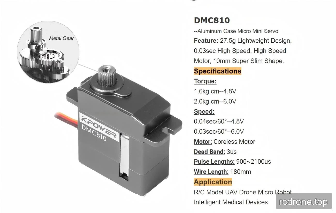 DMC810 servo and metal gears with voltage-specific speed and control timing details