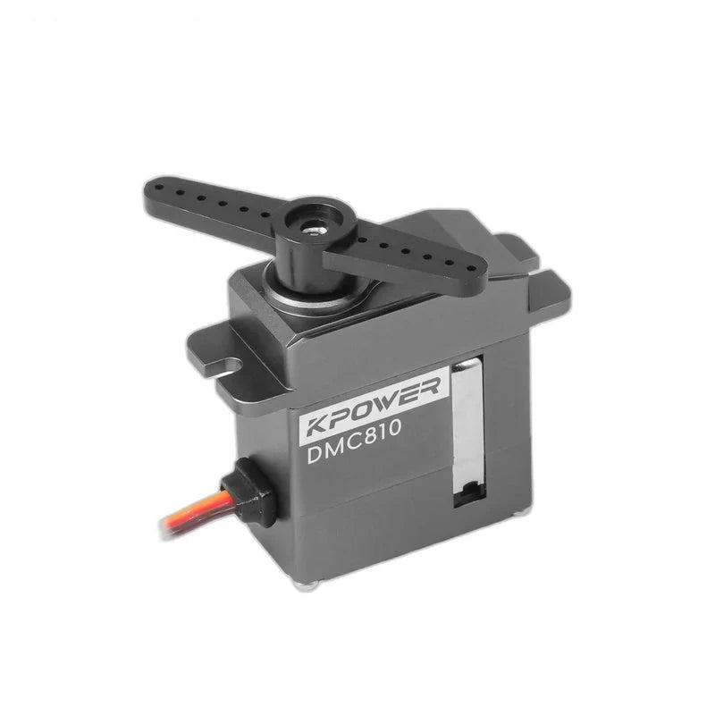 Gray DMC810 servo with a black double-arm horn, rows of adjustment holes, slotted mounting tabs, and colored lead.