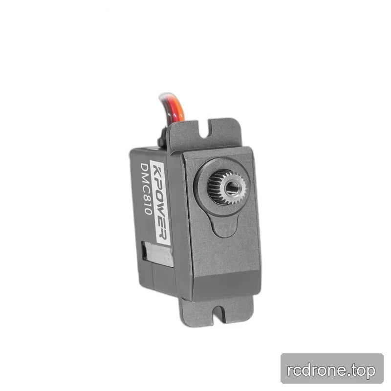 Servo viewed toward the shaft face, showing the splined output, opposite slotted mounting tabs, and side label.