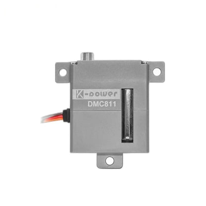 Straight-on view of the DMC811 servo with three mounting tabs, a top shaft, a vertical casing opening, and wires on the left.