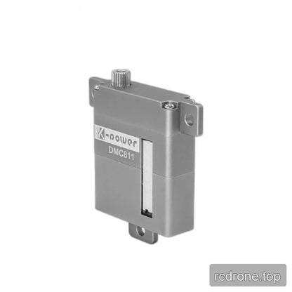 DMC811 servo angled to show its right casing edge, splined top shaft, mounting tabs, and narrow vertical opening.