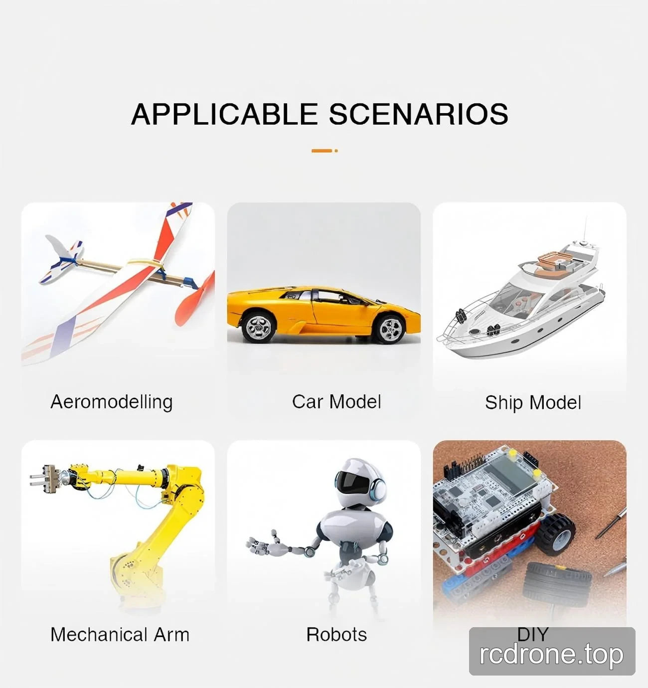 Application examples featuring model aircraft, cars, boats, mechanical arms, robots and DIY