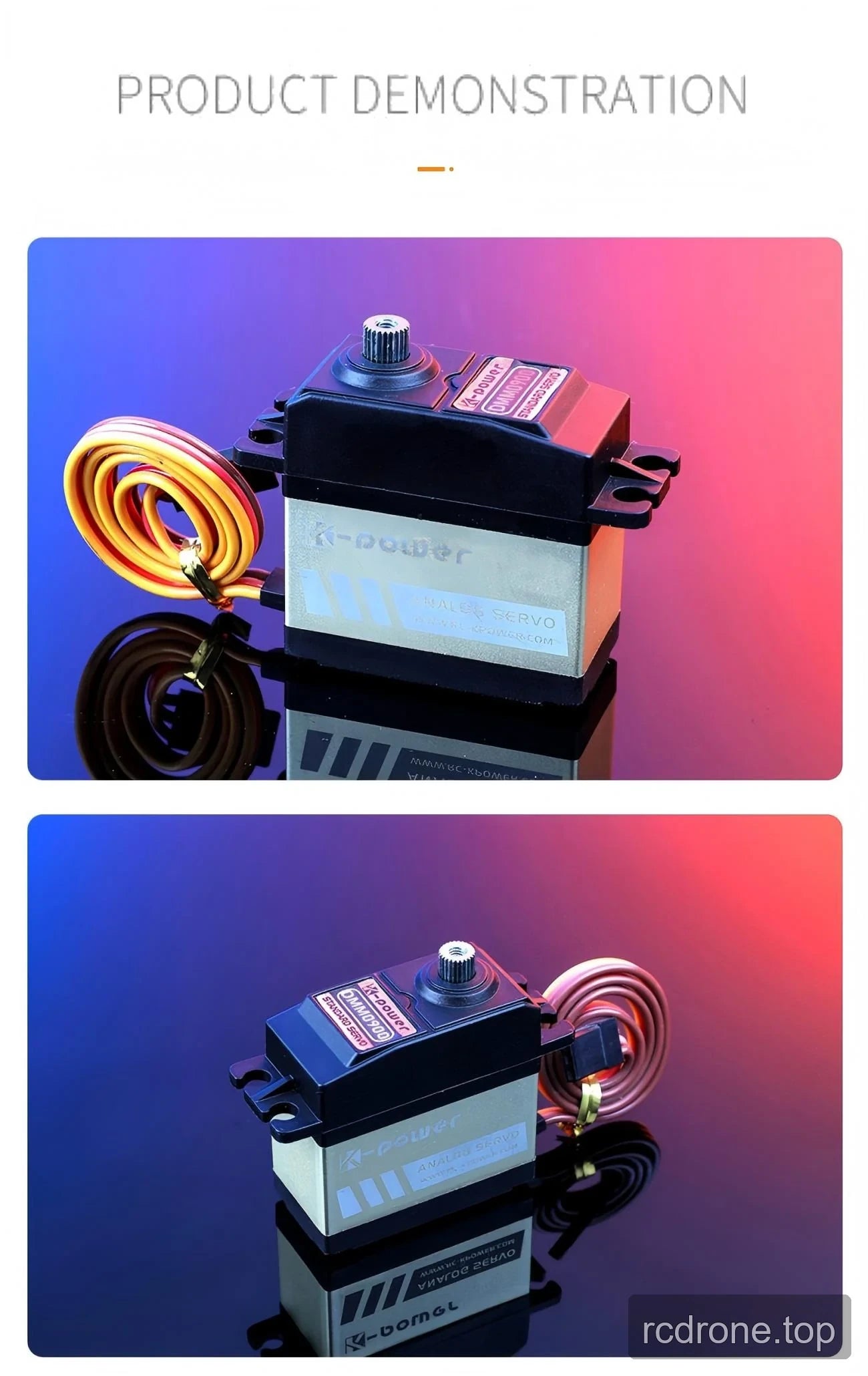 Two angled DMM0900 views with output shaft, mounting ears and cable