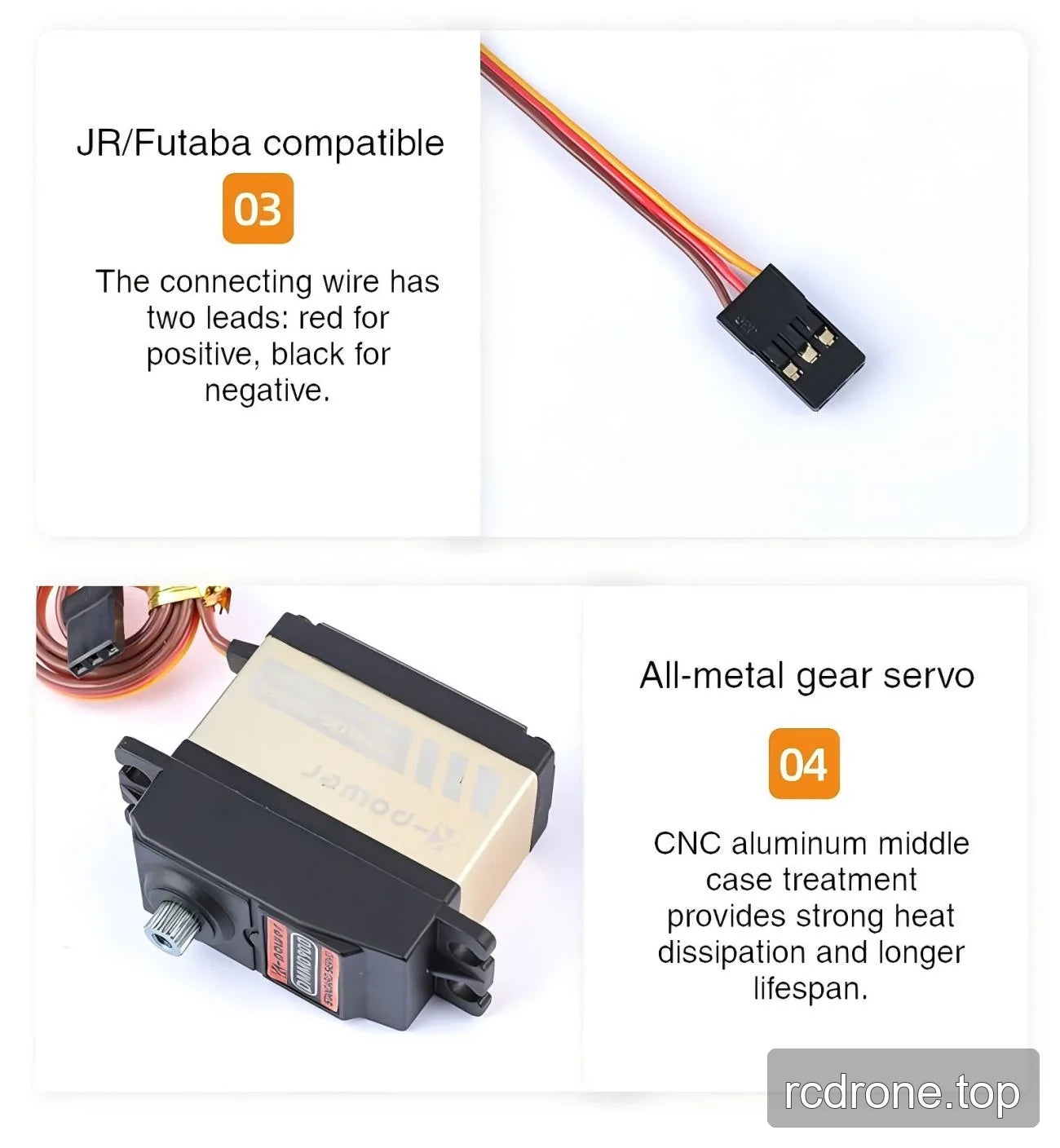 Servo connector detail alongside metal-gearing and aluminum-case feature labels