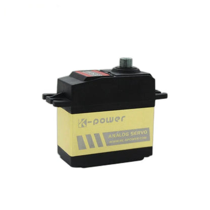 Black and gold Kpower servo at an angle, showing the splined output shaft, mounting tabs, and analog servo label.