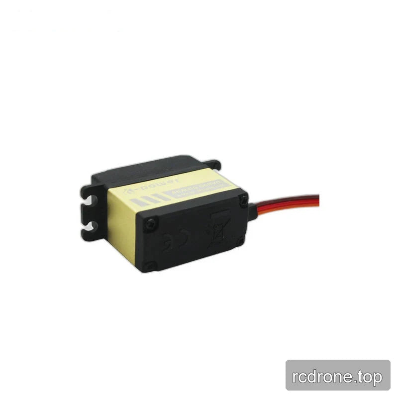 Servo underside showing a black four-screw bottom cover, gold casing, mounting tabs, and red, orange, and dark wires.