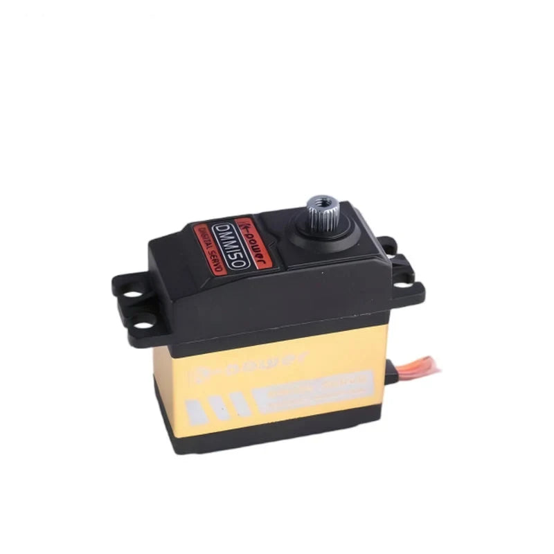Black and gold DMM150 servo viewed from above, showing the broad side panel, splined shaft and mounting tabs.