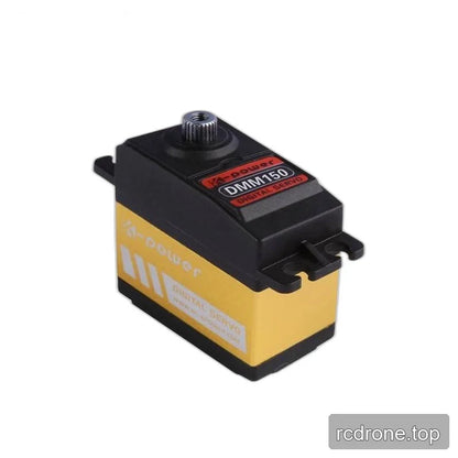 Three-quarter view of the black and gold servo showing its DMM150 top label, output shaft and gold end panel.
