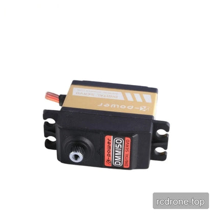 Horizontal DMM150 servo with the splined shaft and red model label facing forward, flanked by slotted mounting tabs.
