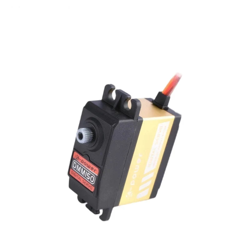 DMM150 servo tilted upright with its labeled shaft face, gold side casing, mounting tabs and upward-extending wires.