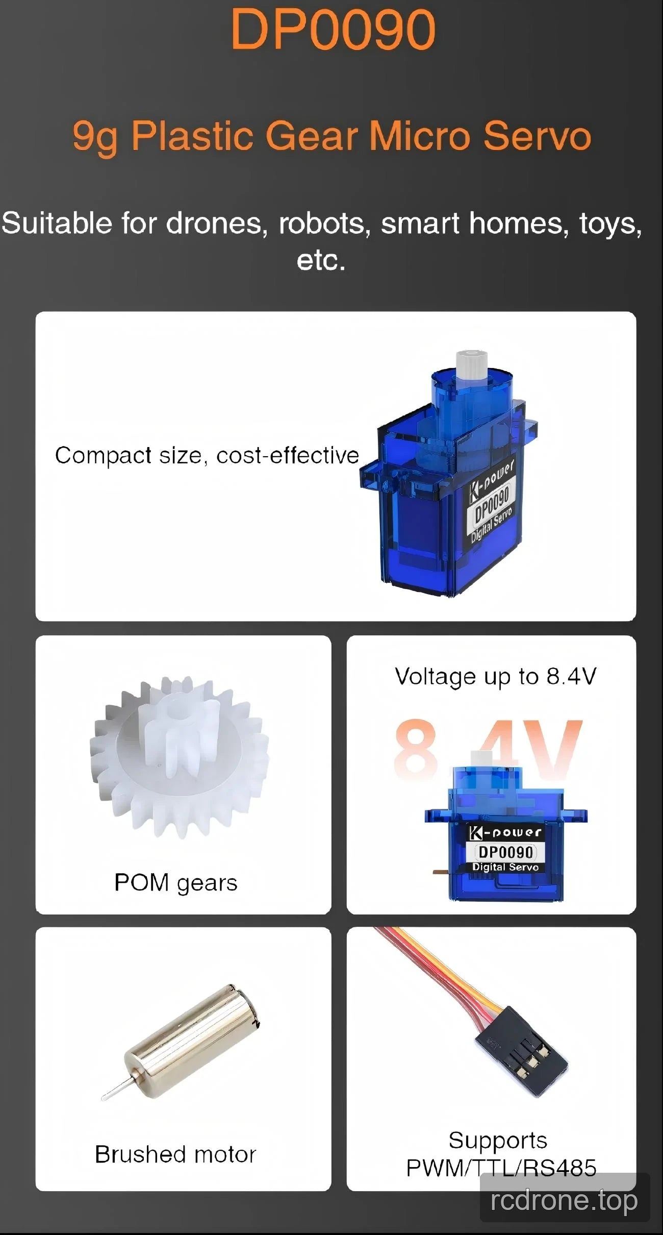 Blue DP0090 micro servo with POM gear, brushed motor and interface feature labels