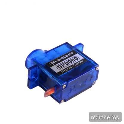 Blue servo tilted to reveal the bottom cover, corner screws, wire exit, and DP0090 label on the side.