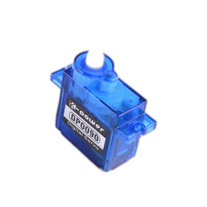 Blue servo viewed from above at the right corner, showing the white shaft, labeled front, and mounting hole.