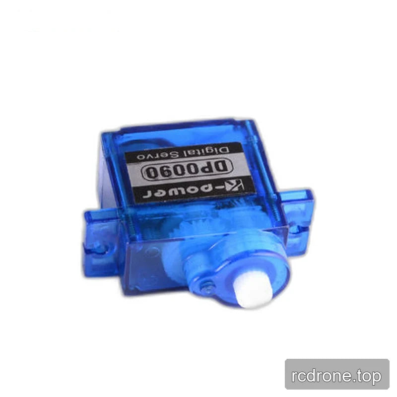 Tilted blue DP0090 servo with white output shaft facing forward and an upside-down model label behind it.