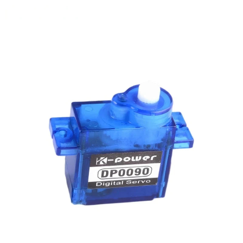 Translucent blue DP0090 digital servo with front label, two mounting tabs, and white output shaft on top.