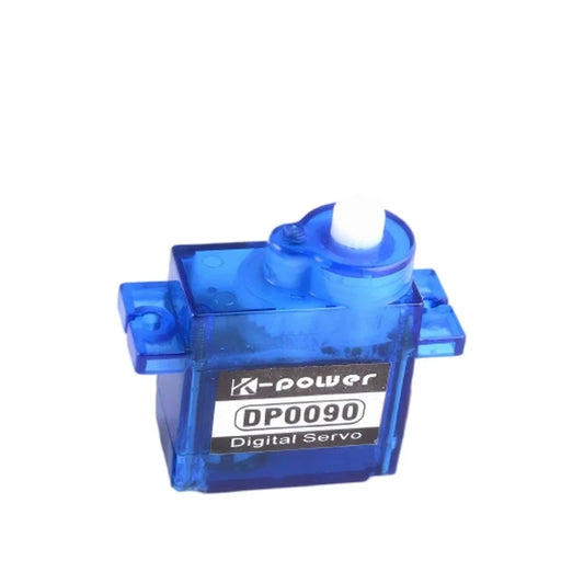 Translucent blue DP0090 digital servo with front label, two mounting tabs, and white output shaft on top.