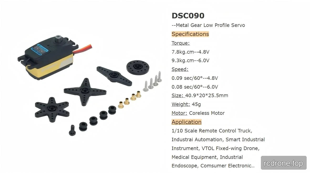 DSC090 specifications, application list, four servo horns and mounting hardware