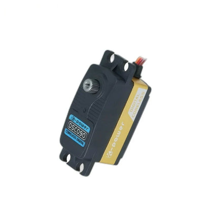 DSC090 servo angled upright with an exposed metal splined shaft, blue model label, and gold side casing.