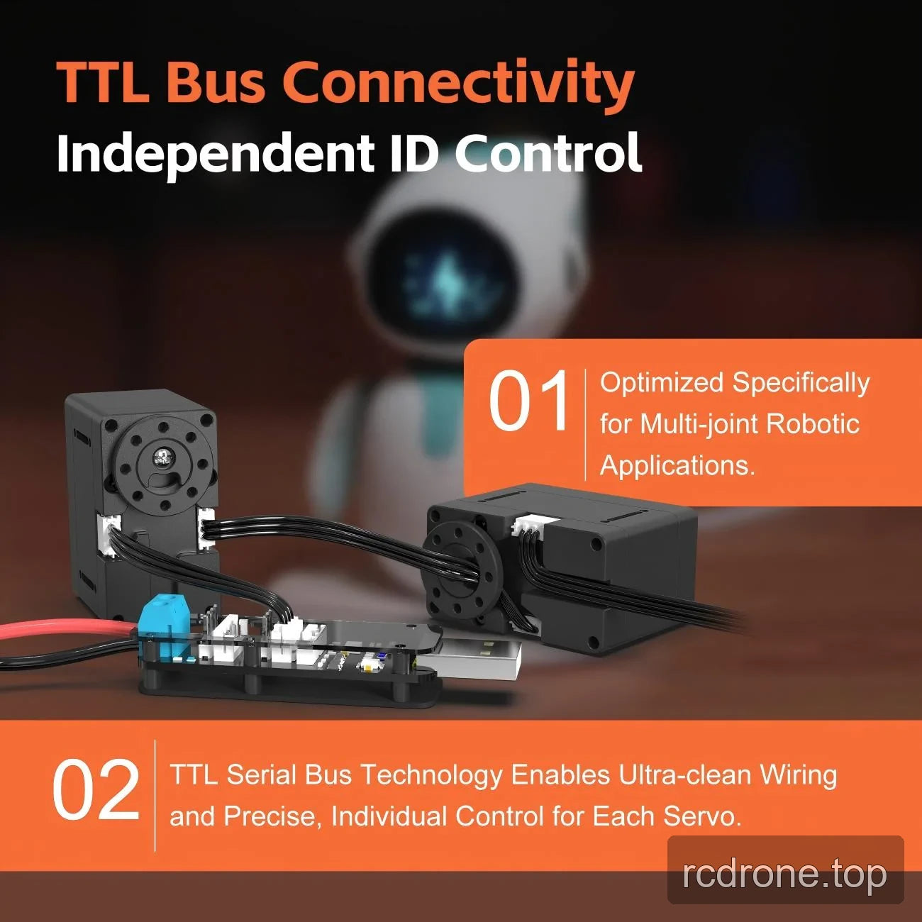 TTL serial-bus diagram connecting two servos to a controller