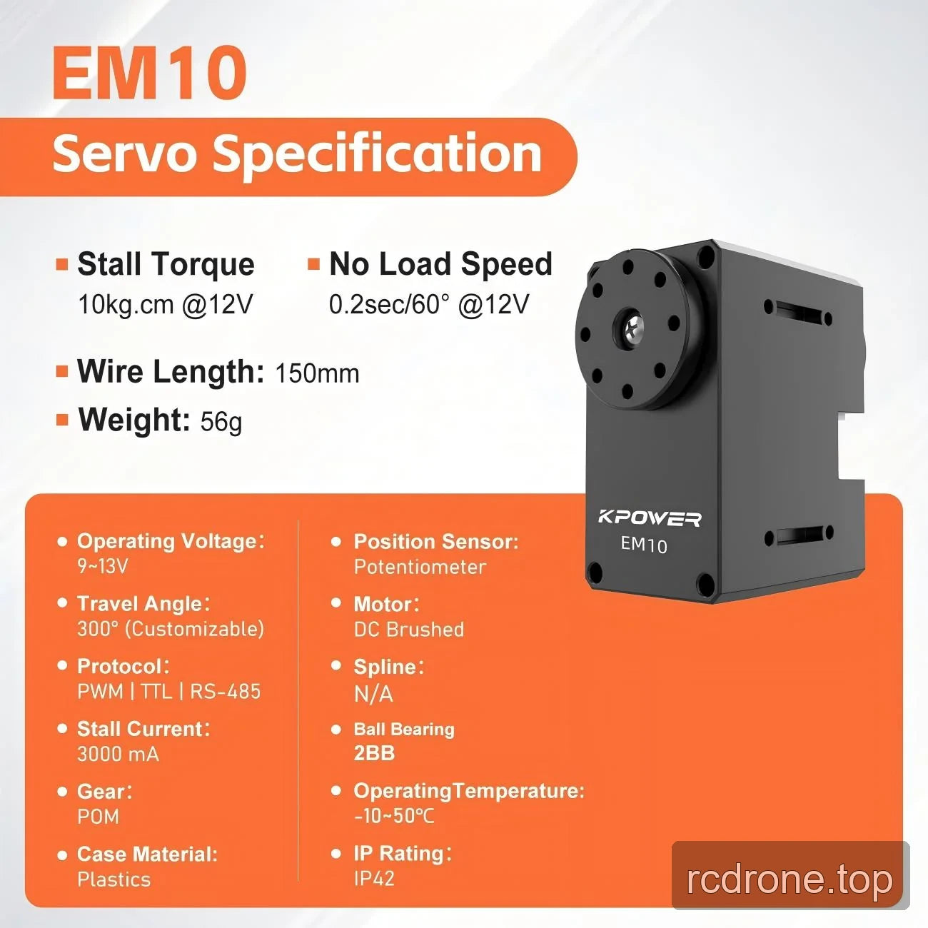 EM10 specification panel listing torque, speed, voltage, materials and protocols