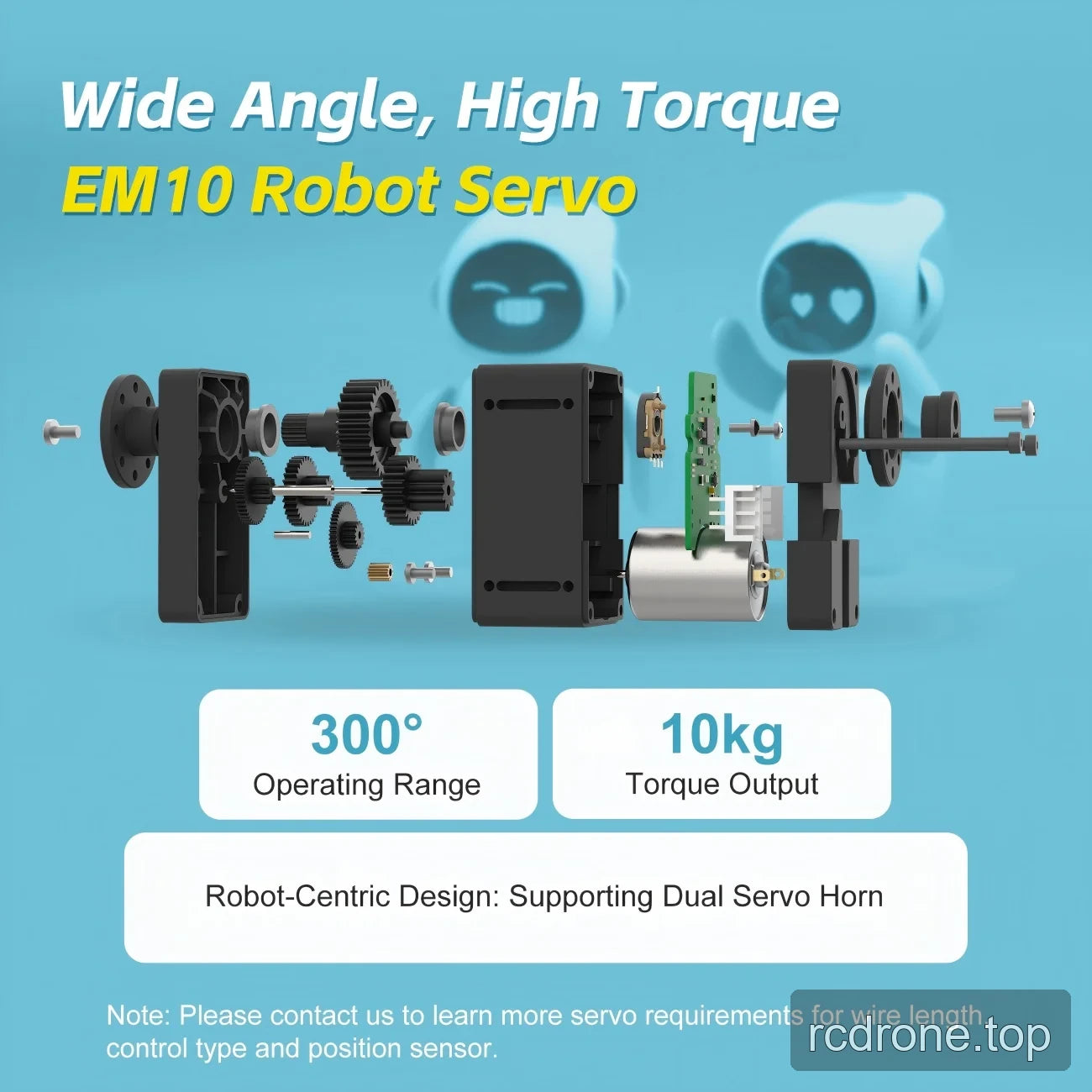 Exploded EM10 assembly with 300° operating range and dual servo-horn design