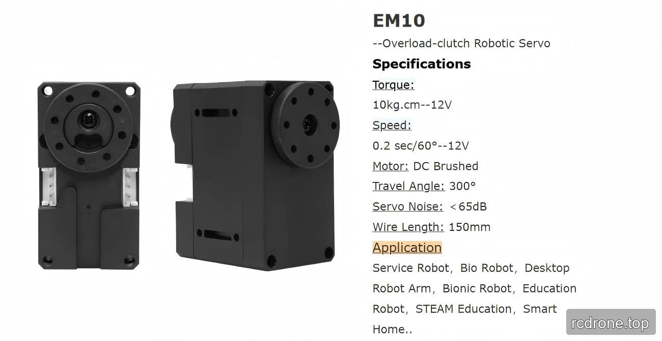 EM10 front and angled views beside specifications and robot applications