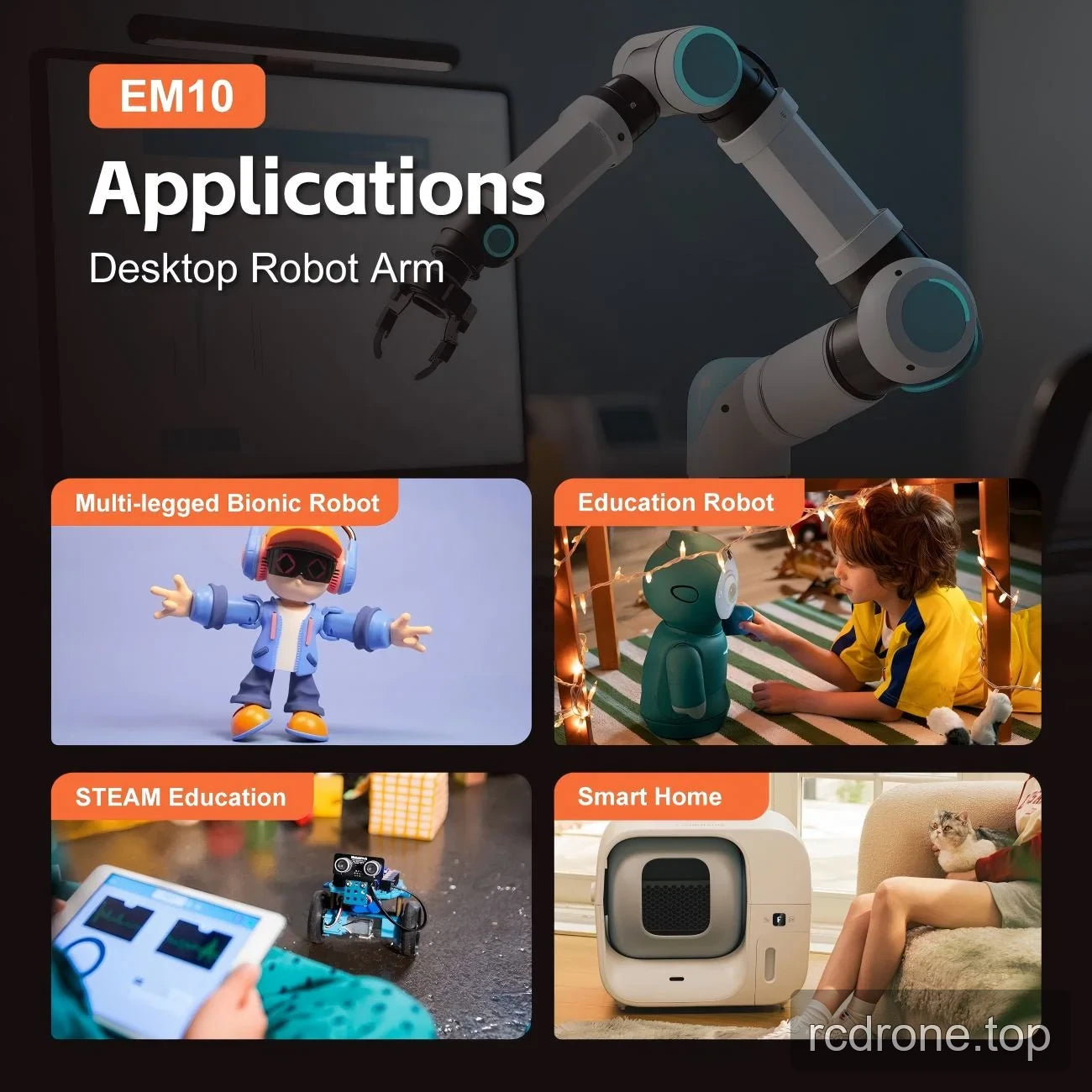 EM10 application collage with desktop robot arms, bionic robots and smart-home devices