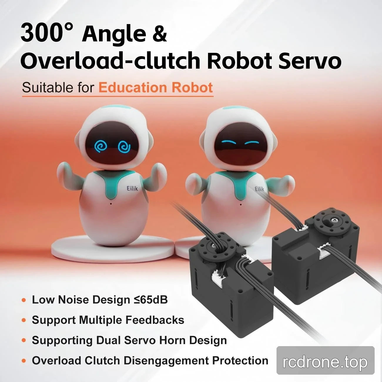 Educational robot servo graphic with feedback and overload-clutch protection labels
