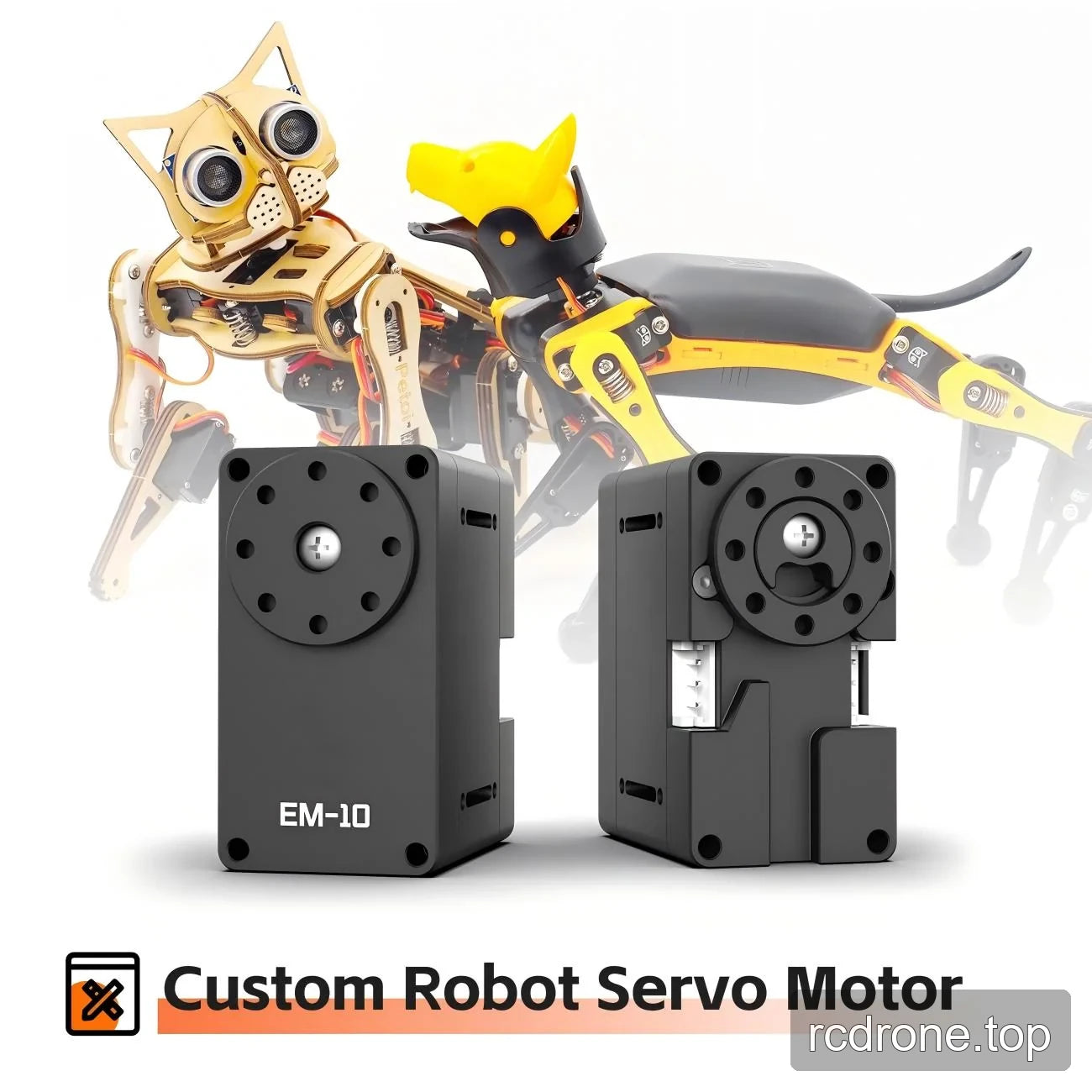 Front and rear servo views marked EM-10 beside quadruped robot illustrations