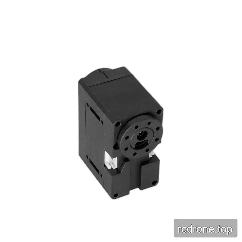 Angled view toward the servo output plate, showing its ring of holes, white connector, and recessed lower casing.